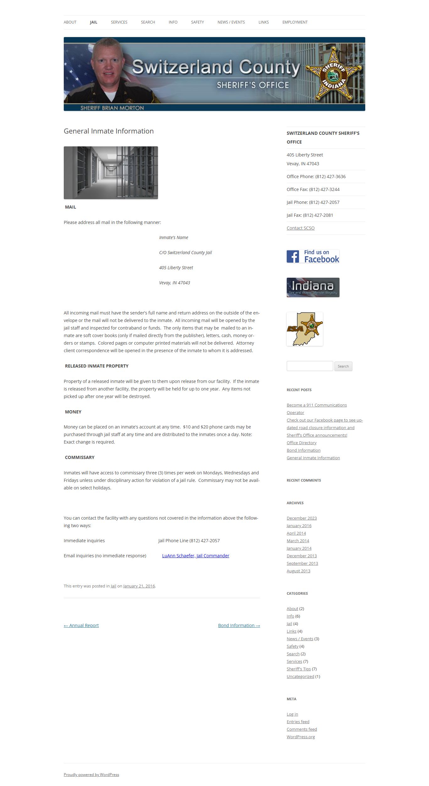 Switzerland County inmate records mail money commissary information