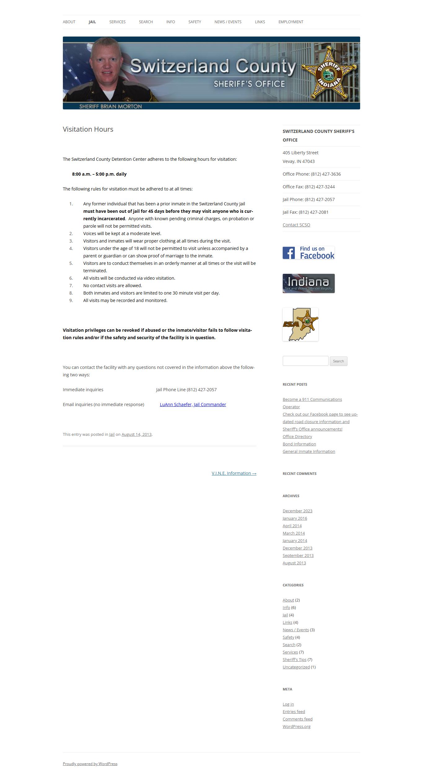 Switzerland County inmate records visitation rules and schedule