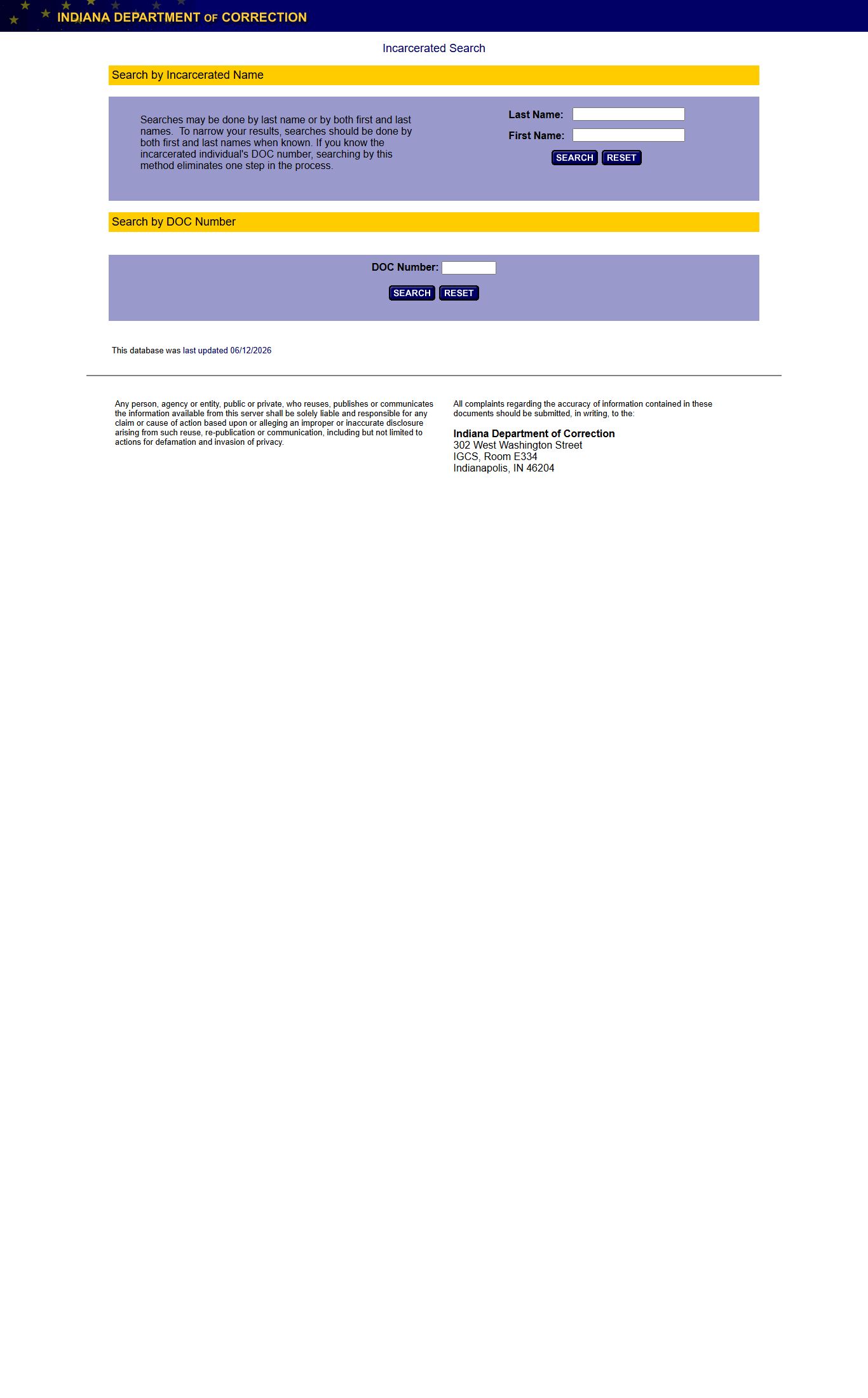 Indiana DOC locator for Switzerland County state prison inmate lookup